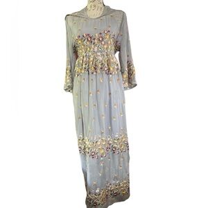 Elegant Gray embroidered, chiffon, hooded dress w/ bell sleeves.